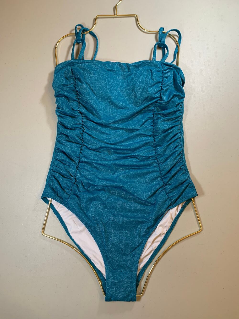 NWT Cupshe Teal Shimmer One Piece Bathing Suit w/ Ruched Sides Size Medium